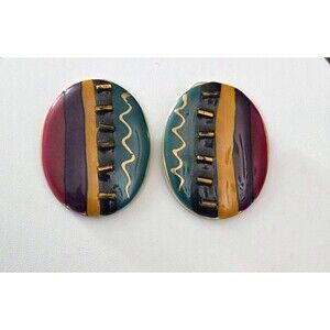 1980's Retro Striped Multicolor Gold Tone Metal Enamel Earrings Pierced Textured